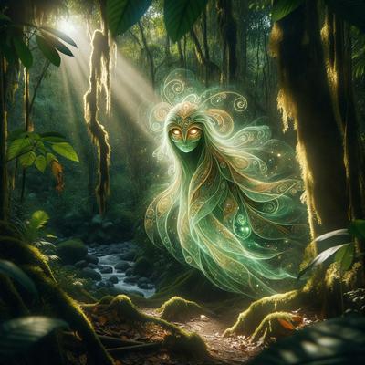 The primary subject of the image is a green, glowing, and ethereal creature, possibly a fairy or a mermaid, standing in a forest. The setting is a lush, green forest with trees and rocks, creating a serene and natural atmosphere. The visual style of the image is a combination of digital art and illustration, giving it a unique and magical appearance. The colors and mood of the image are predominantly green, with a hint of blue, creating a sense of tranquility and